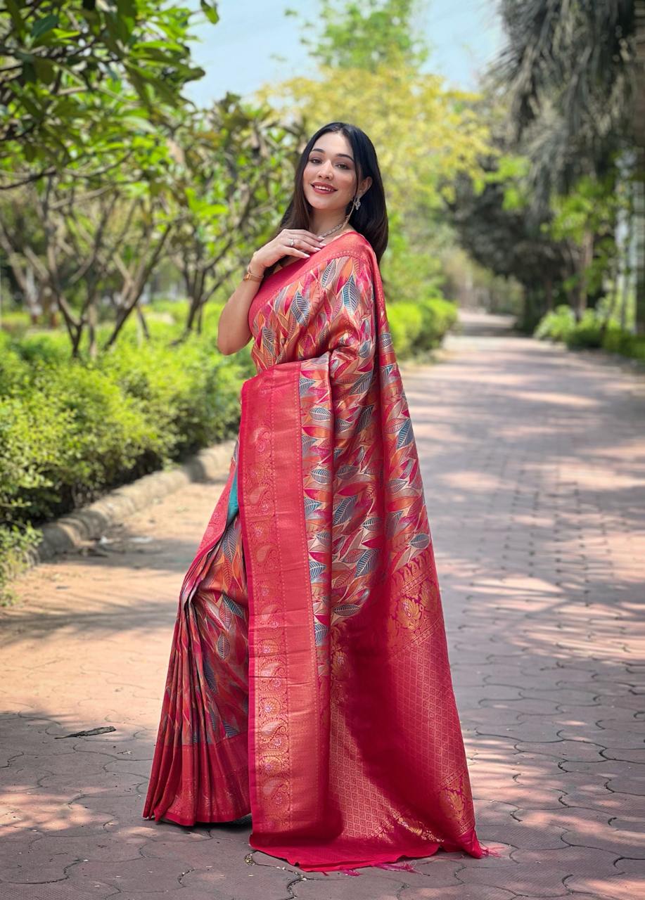 Women's Luxurious Pista Green & Pink Art Silk Saree with Intricate Leaf Weave & Broad Zari Border β Ideal for Festive & Wedding Occasions - Image 5